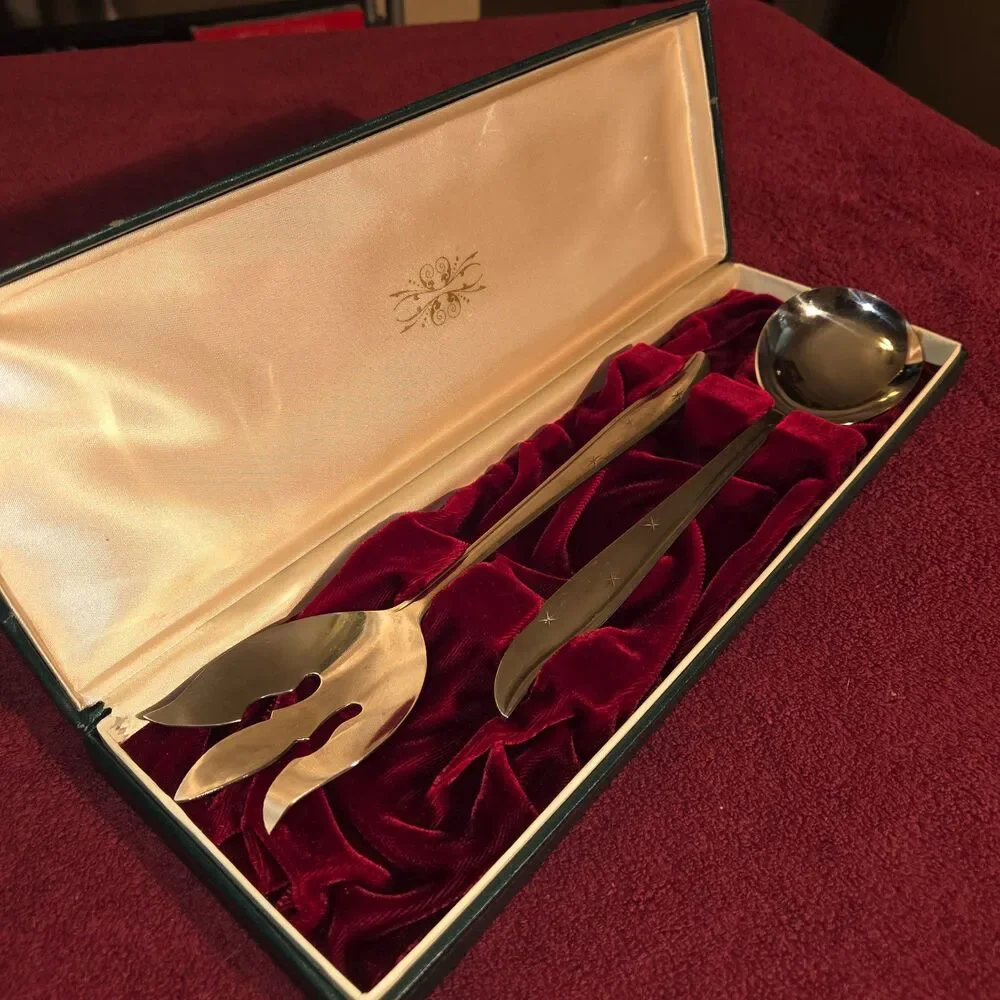 Vintage Nasco Starette Stainless Salad Serving Set 2pc Atomic Star Japan Boxed